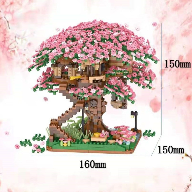 Mini Sakura Tree House With Lights Model Building Blocks City Street View Cherry Blossom Houses Bricks Kids Toys For Girls Gift