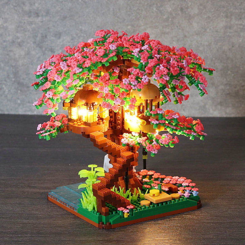 Mini Sakura Tree House With Lights Model Building Blocks City Street View Cherry Blossom Houses Bricks Kids Toys For Girls Gift