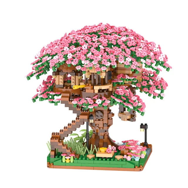 Mini Sakura Tree House With Lights Model Building Blocks City Street View Cherry Blossom Houses Bricks Kids Toys For Girls Gift