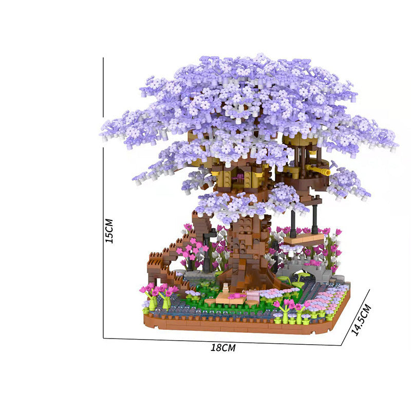 Mini Sakura Tree House With Lights Model Building Blocks City Street View Cherry Blossom Houses Bricks Kids Toys For Girls Gift