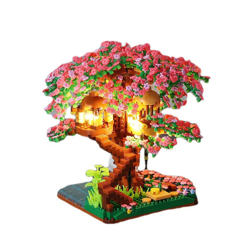 Mini Sakura Tree House With Lights Model Building Blocks City Street View Cherry Blossom Houses Bricks Kids Toys For Girls Gift