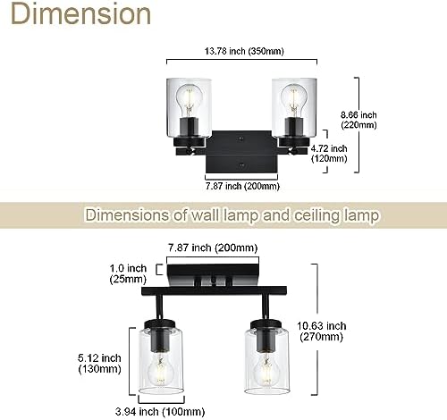2-Light Black Bathroom Wall Light with Clear Glass Shade