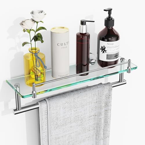 KOCOK 16-Inch Chrome-Polished Glass Shelf with Towel Bar