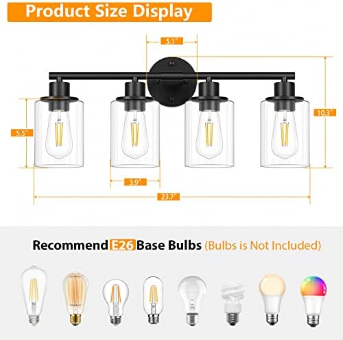 Modern 4-Light Bathroom Vanity Wall Light with Black Metal Base