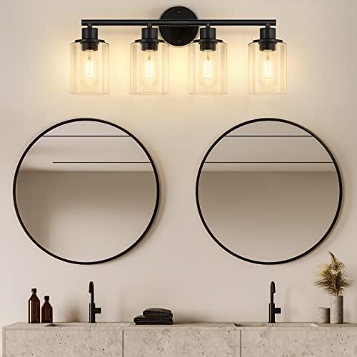 Modern 4-Light Bathroom Vanity Wall Light with Black Metal Base