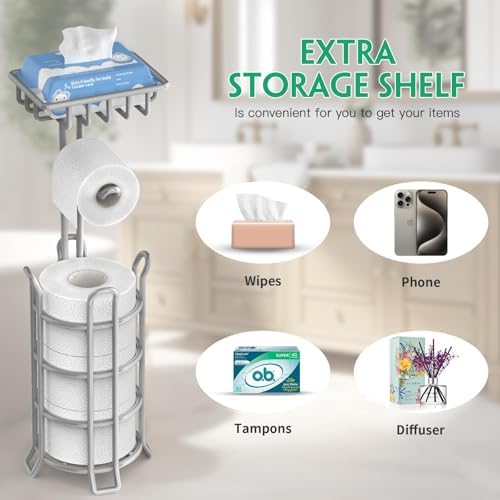 TomCare Free Standing Toilet Paper Holder with Storage Shelf
