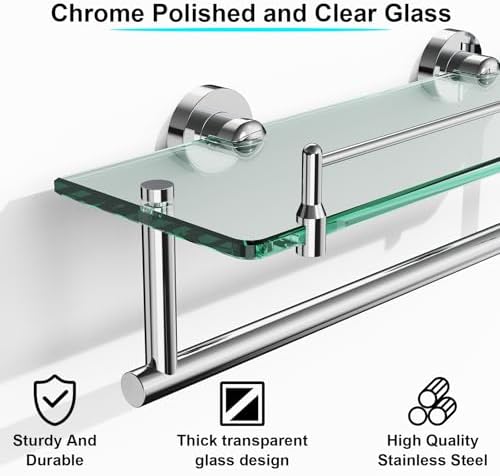 KOCOK 16-Inch Chrome-Polished Glass Shelf with Towel Bar