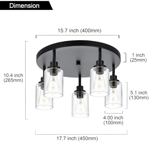 Industrial Style 5-Light Semi Flush CeilingFixture Black_finish MultiAngle Lighting