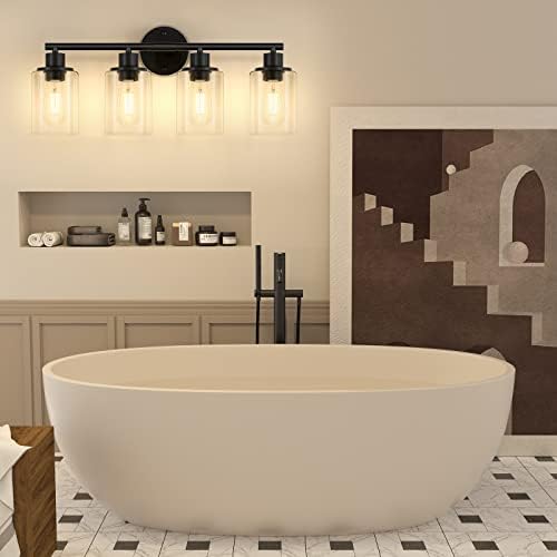 Modern 4-Light Bathroom Vanity Wall Light with Black Metal Base