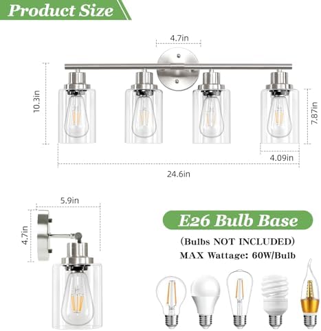 4-Light Brushed Nickel Vanity Light with Clear Glass Shade
