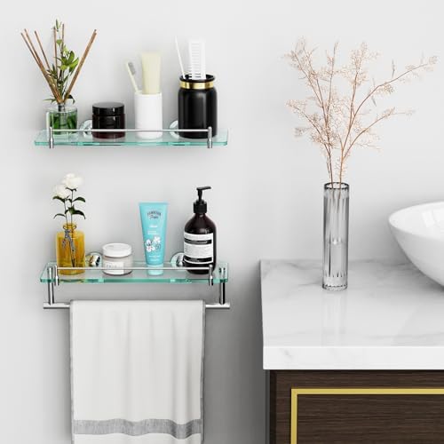 KOCOK 16-Inch Chrome-Polished Glass Shelf with Towel Bar