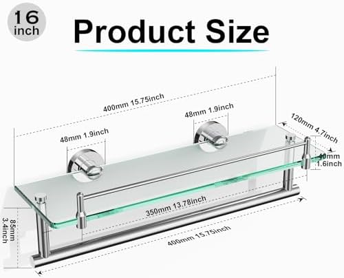 KOCOK 16-Inch Chrome-Polished Glass Shelf with Towel Bar