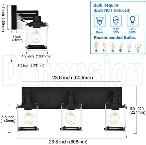MACELCE 3-Light Bathroom Vanity Light Fixtures with Black Finish