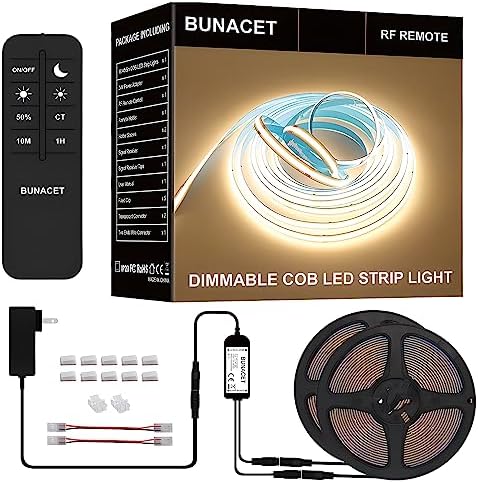 COB LED Strip Lights 3000K Warm White Dimmable with RF Remote Adhesive Cuttable