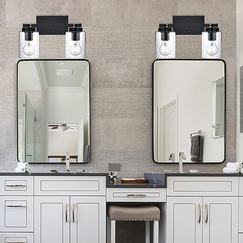 2-Light Black Bathroom Wall Light with Clear Glass Shade